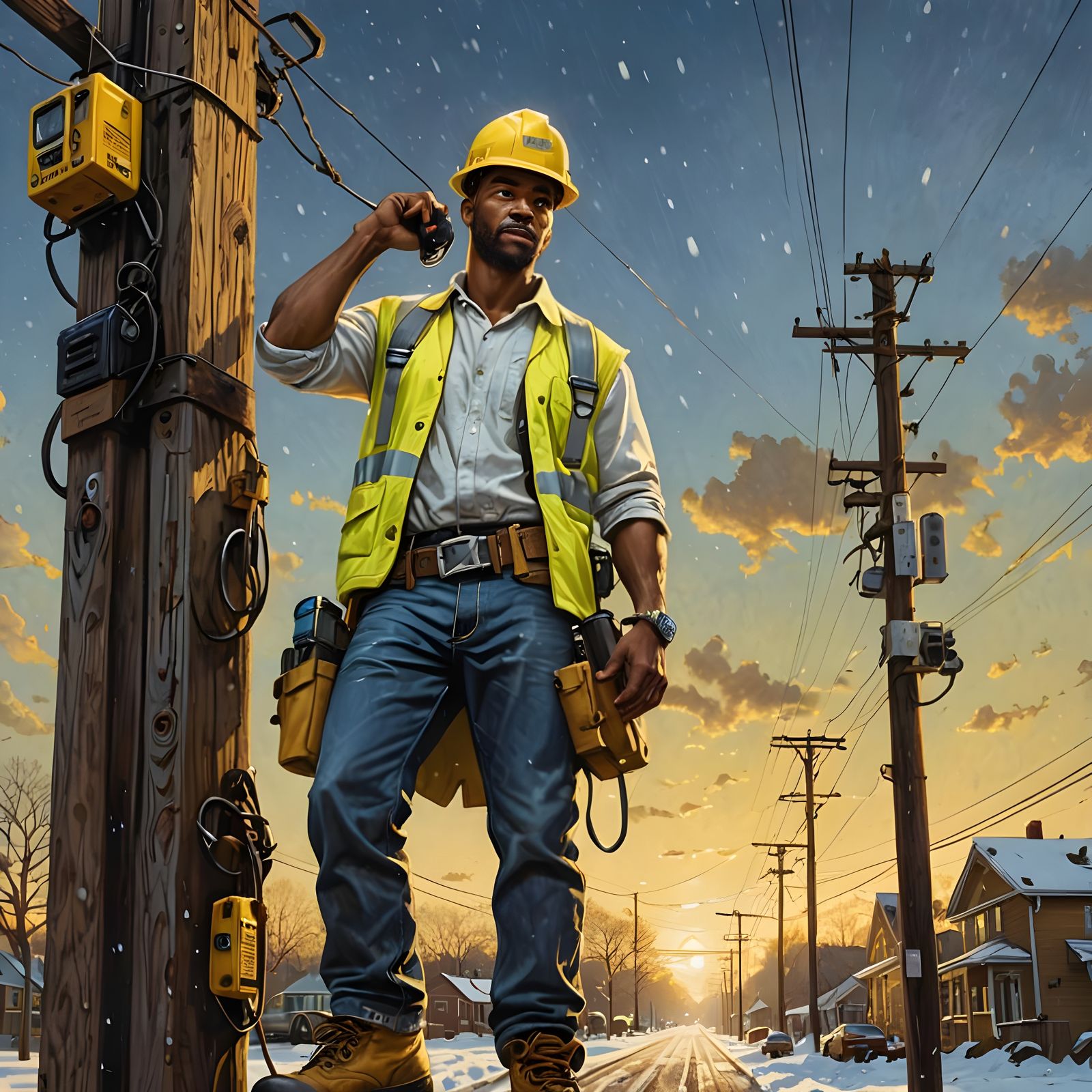 Lineman on Snowy Prairie: Hyperrealistic Concept Art