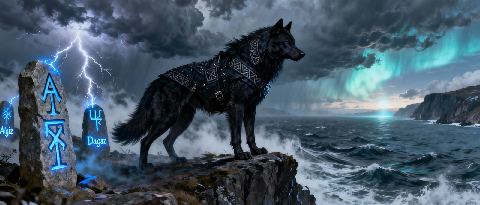 Nordic Fantasy Wolf on Cliff Overlooking Fjord