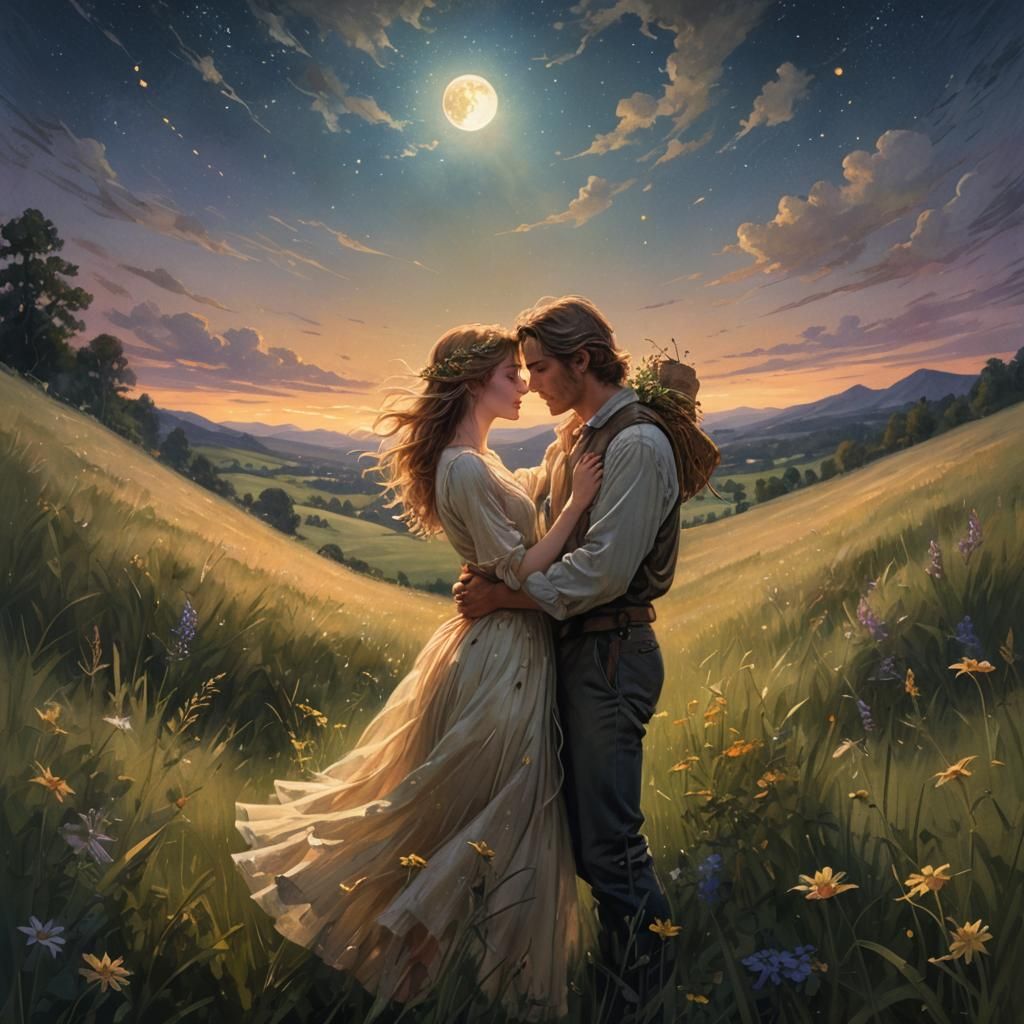 Romantic Couple Embrace in Moonlit Meadow, Fantasy Art