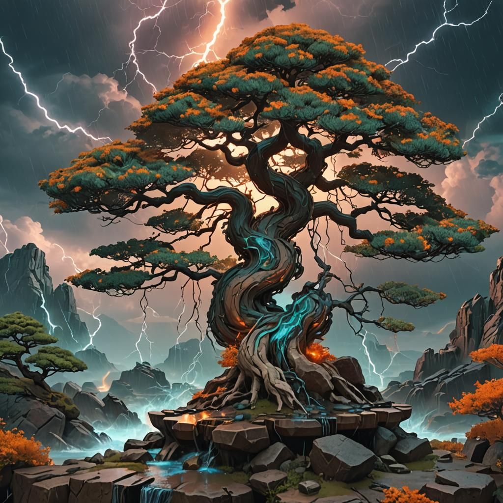 Bonsai Tree Flourishing in Storm, Digital Art