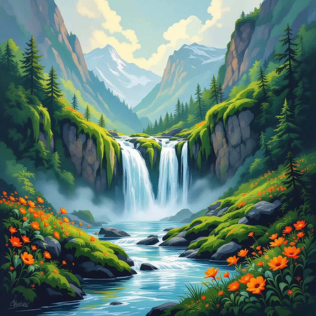 Waterfall Socks: Impressionist Gouache Painting