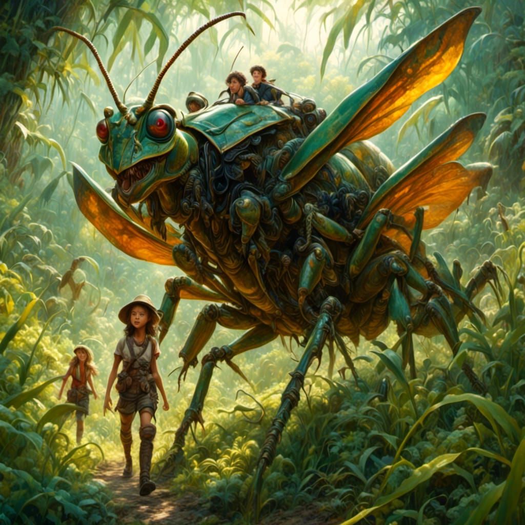 Teenagers Ride Giant Grasshopper: Macro Oil Painting