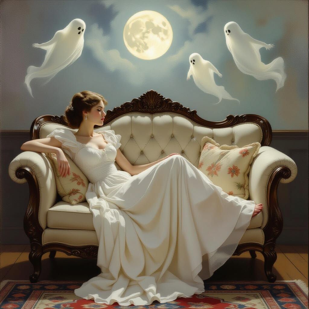 Dreamy Victorian Scene with Woman and Ethereal Ghosts