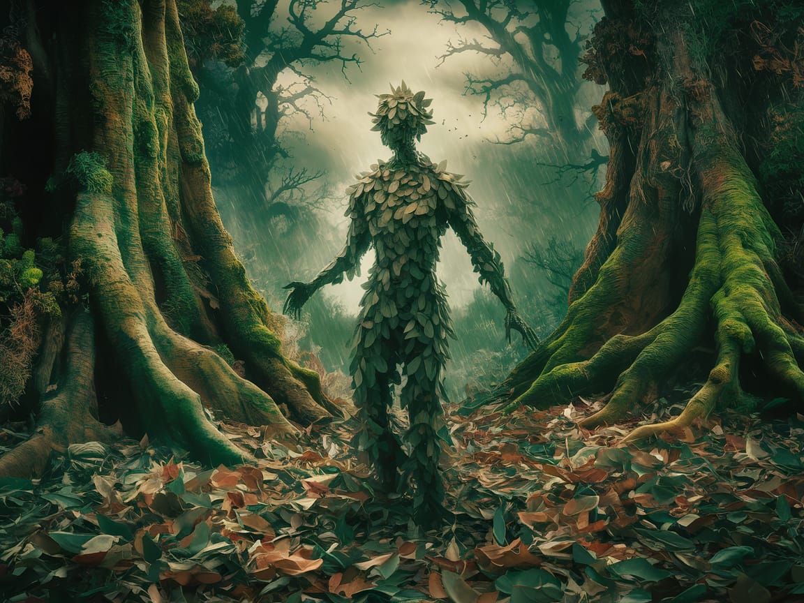 Leaf Humanoid in Enchanted Forest, Post-Impressionism