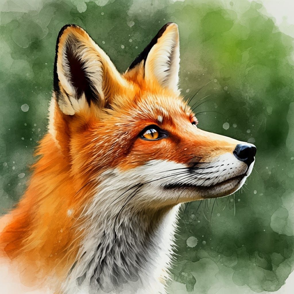 Watercolour Fox in Amber Eyes Gazing Up