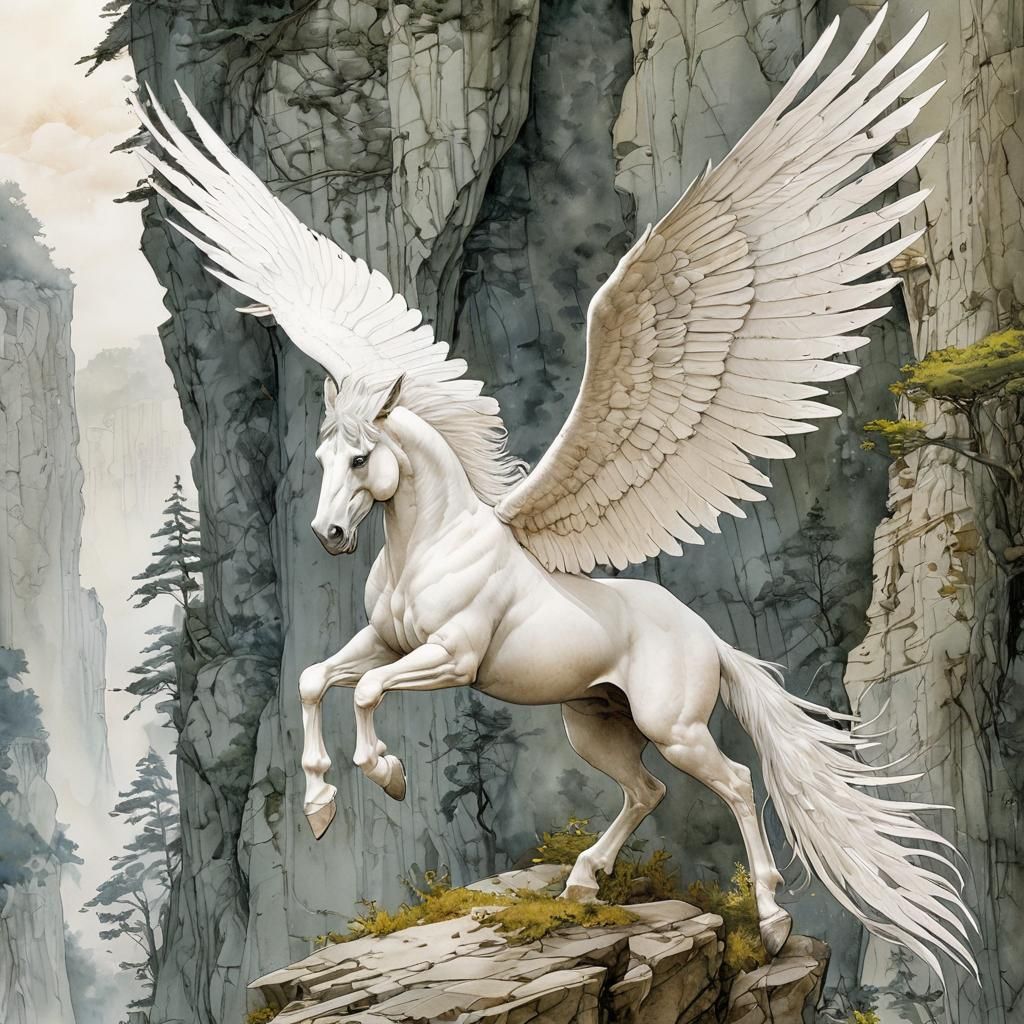 Pegasus Ascends to a High Mountain Ledge