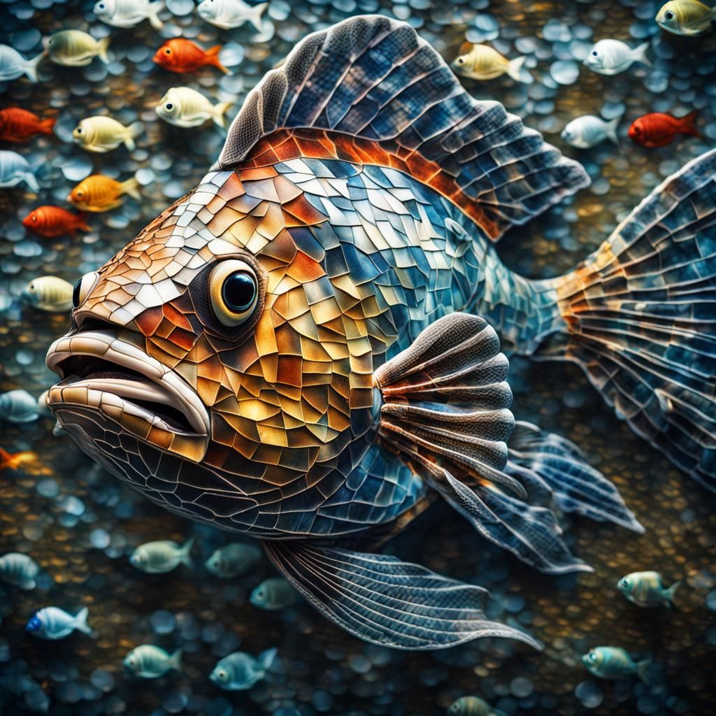 Underwater Mosaic of a Fish in Hyperrealistic Style