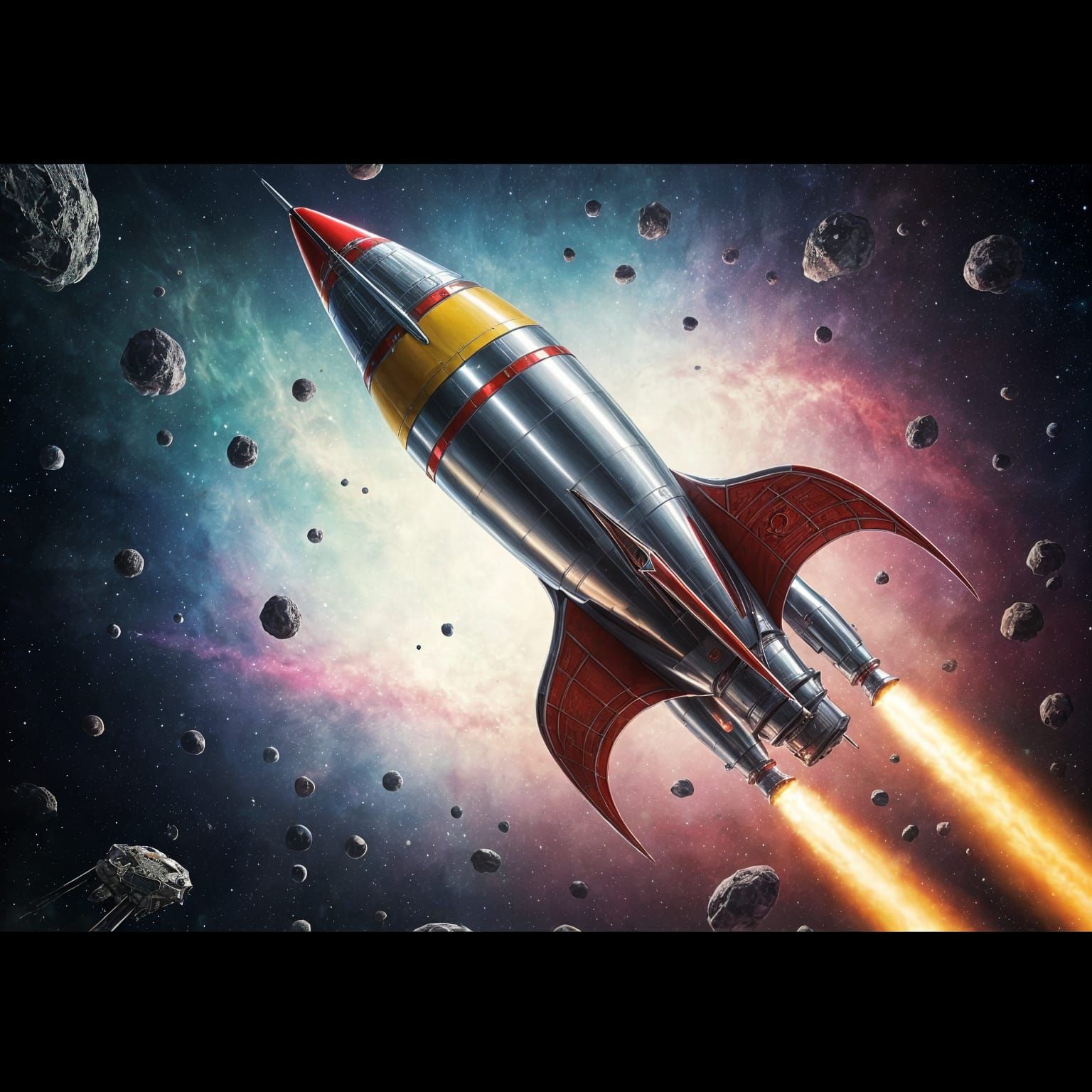 Retro-Futuristic Rocket Through Nebulae, Vintage Illustratio...