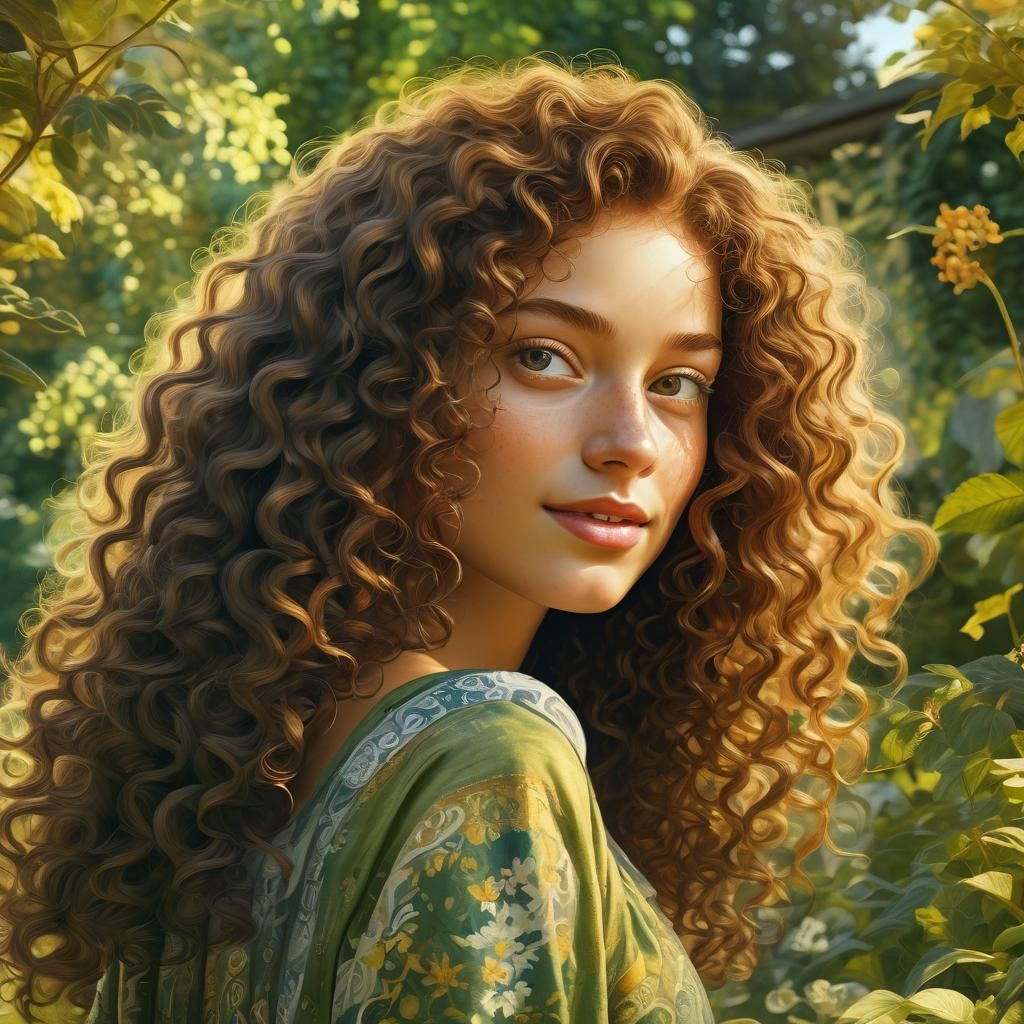Woman with Curly Hair in Garden, Impressionist Style