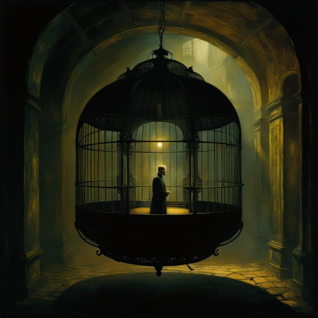 Dystopian Surrealism: Man in Antique Birdcage