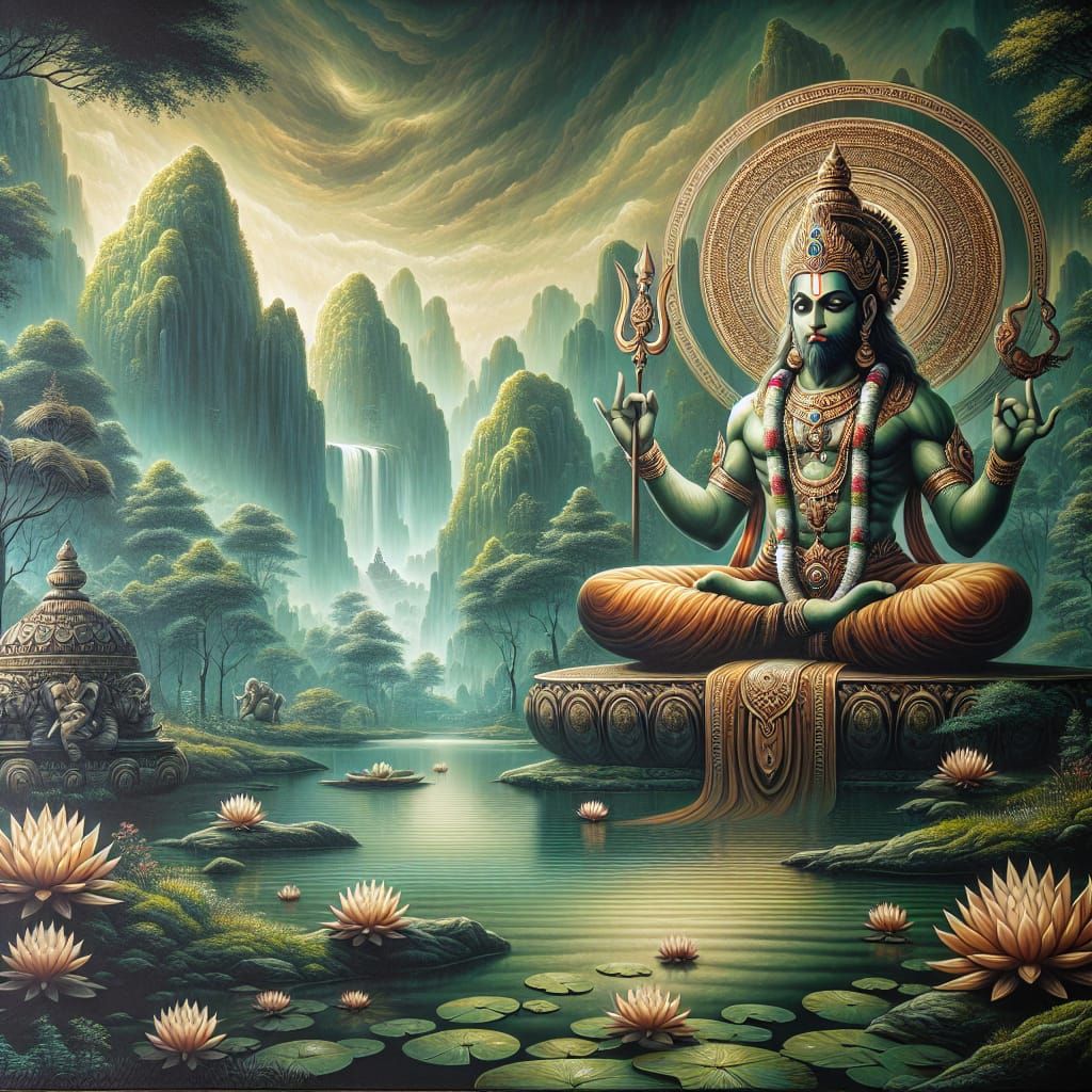 Divine Hanuman Meditating in Mystical Lotus Garden