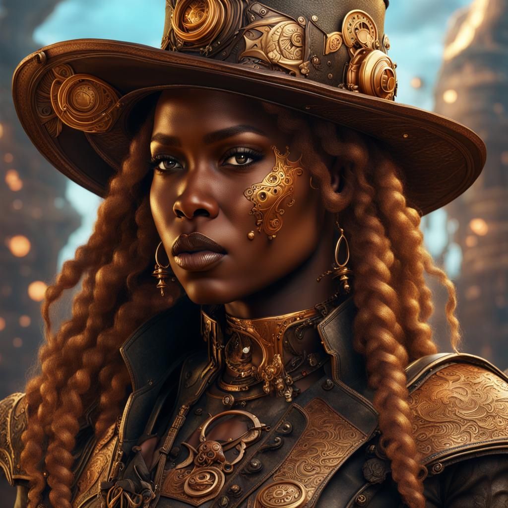 Steampunk Cowboy Girl with Golden Hair in Copper Armor