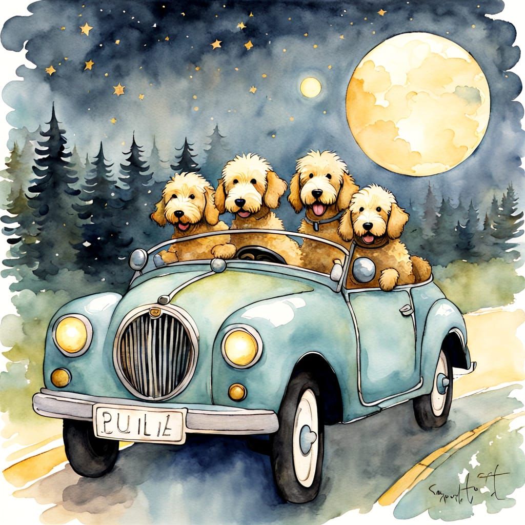 Golden Doodles' Night Ride: Whimsical Watercolor Illustratio...
