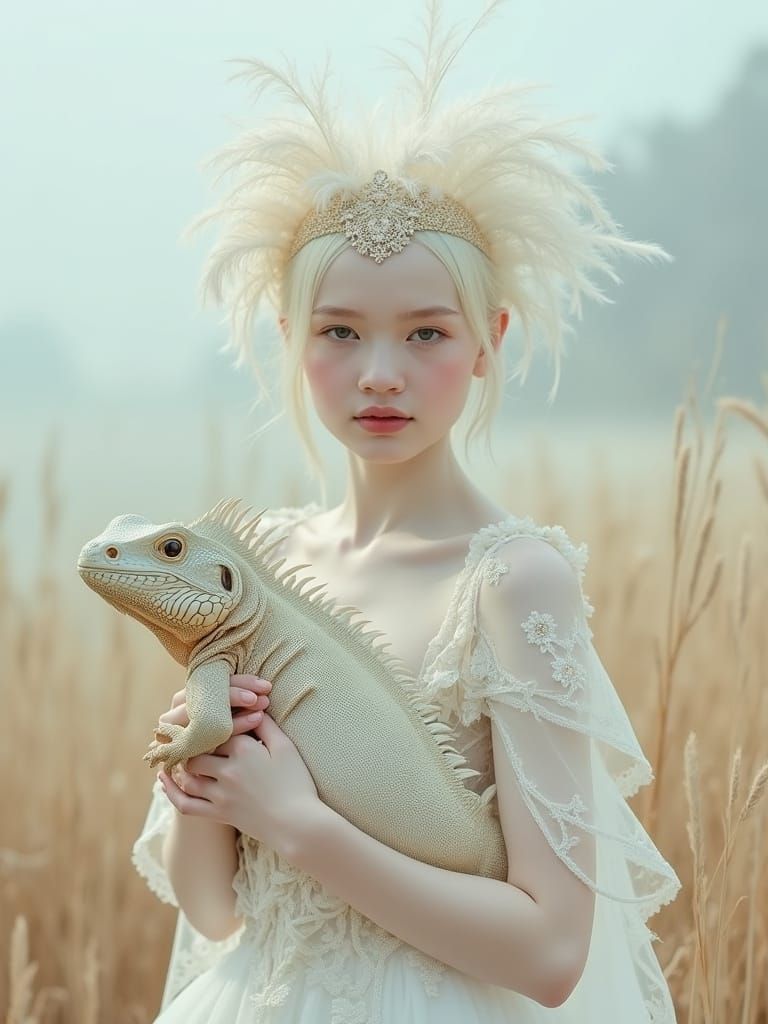 Ethereal Albino Goddess with Majestic Iguana