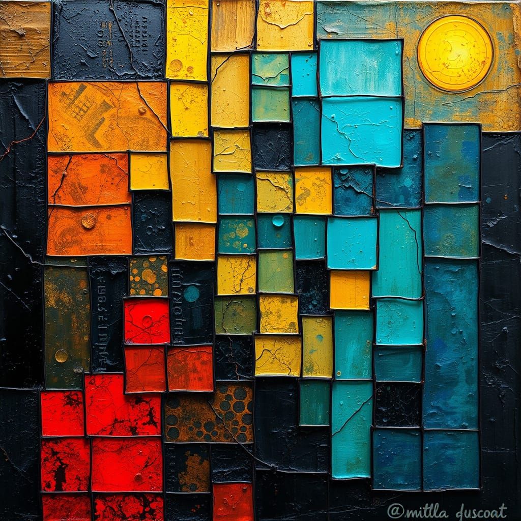 Surrealistic Encaustic Masterpiece with Squares and Golden L...