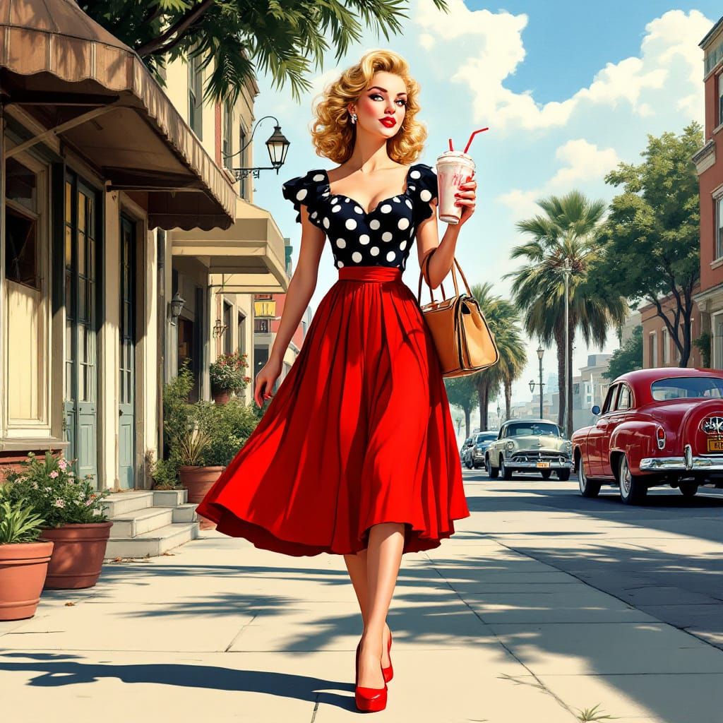 1950s Pinup Girl in Red Skirt and Polka Dot Blouse