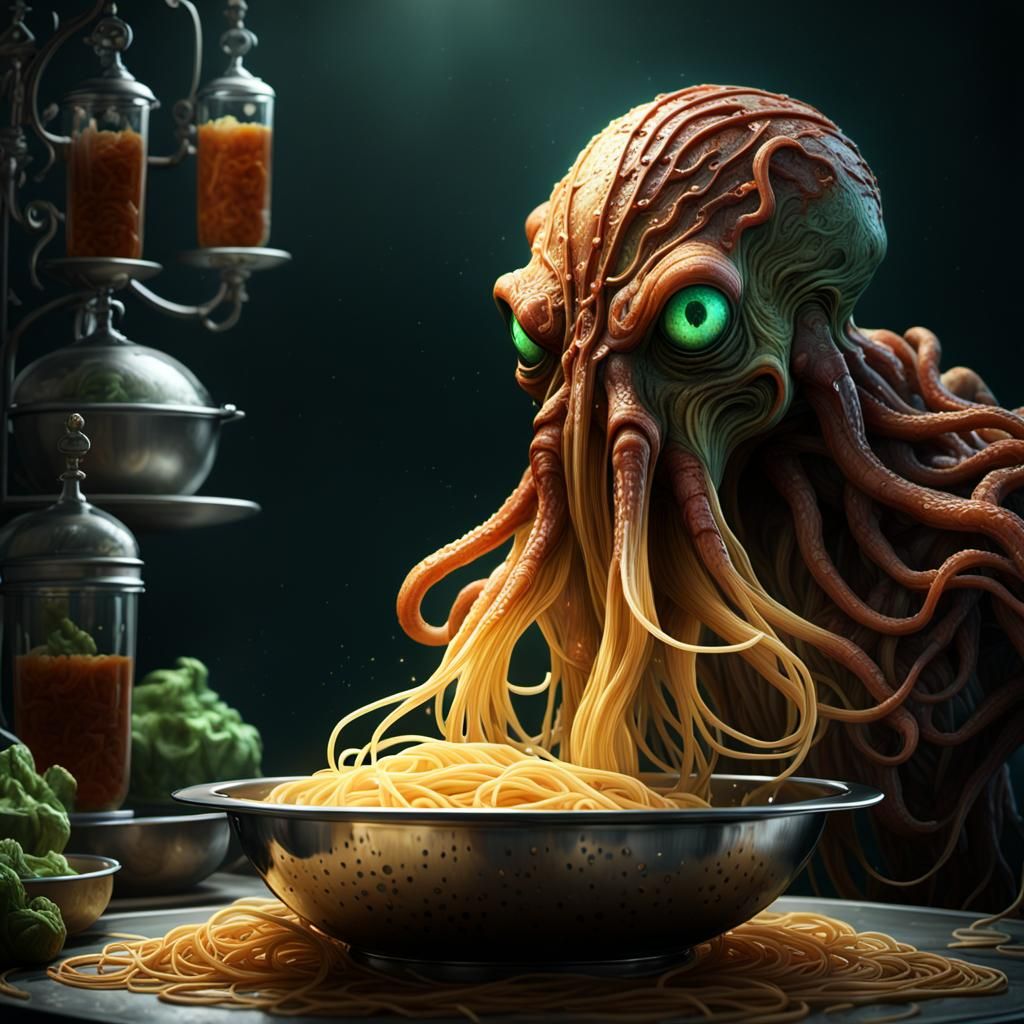 Spaghetti Monster with Colander in Dark Fantasy Style