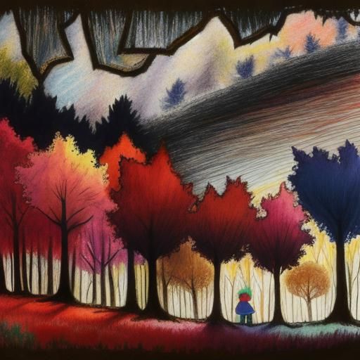 Child's Crayon Autumn Drawing with Tree and Sun