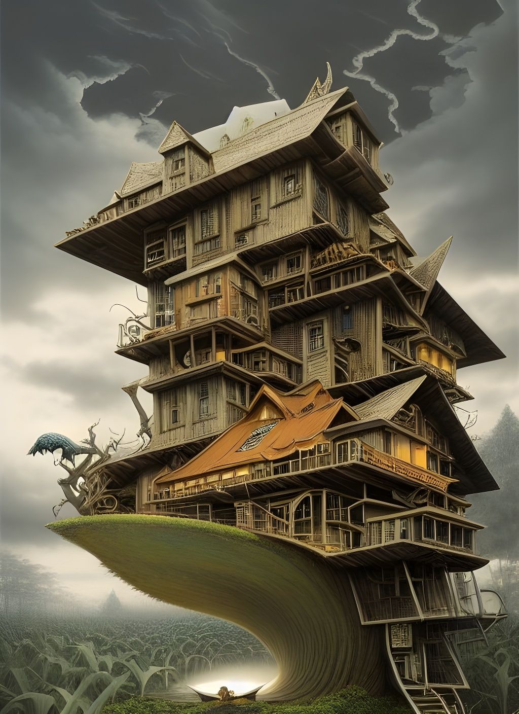 Surreal Floating House Dark Fantasy Concept Art