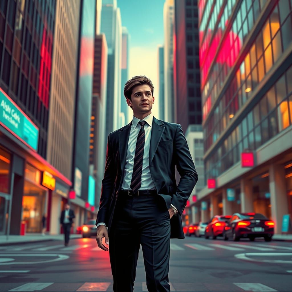 Young Professional in 80s Style, Neon Cityscape