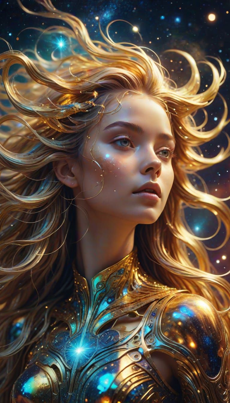 Holographic Cosmic Astral Illustration in Mixed Media