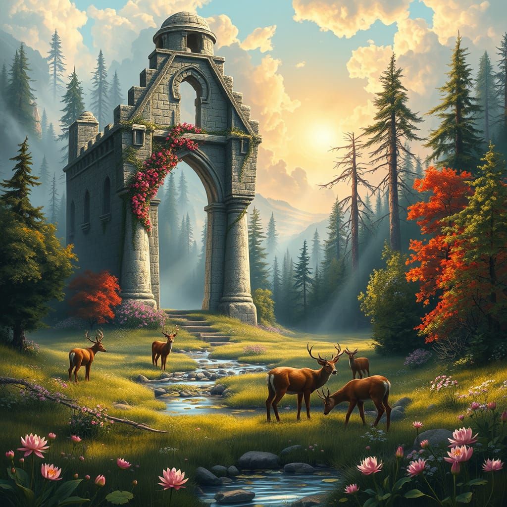 Surreal Landscape with Majestic Ayleid Ruin and Wildflowers