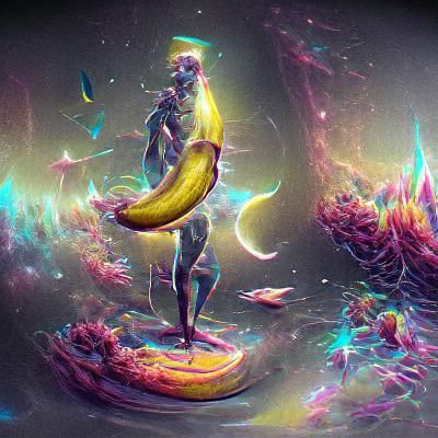 Holographic Cosmic Banana: Astral Mixed Media Illustration
