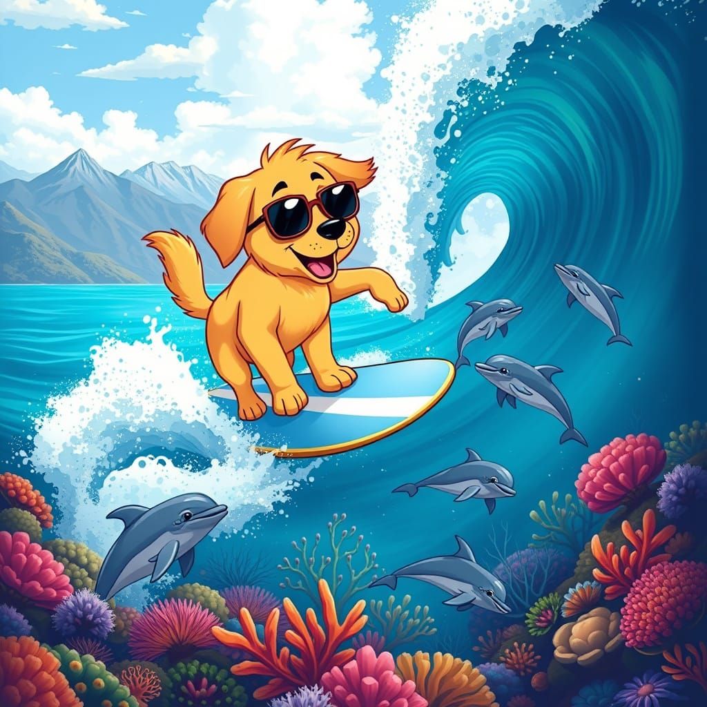 Surfing Golden Retriever in Vibrant Coral Reef Paradise