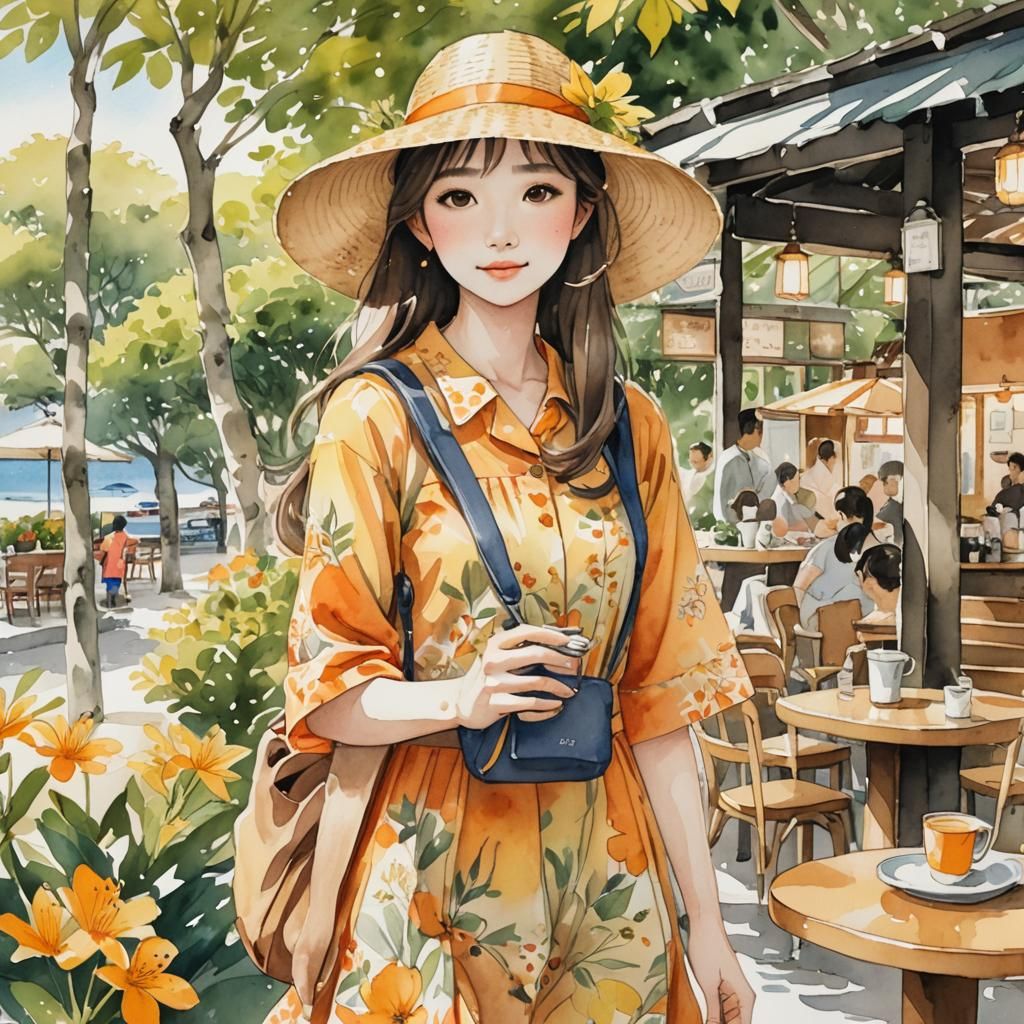 Seaside Coffee Shop: Watercolor Sketch Illustration