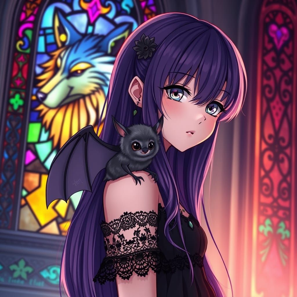 Anime Goth Girl with Bat and Rainbow Wolf Window