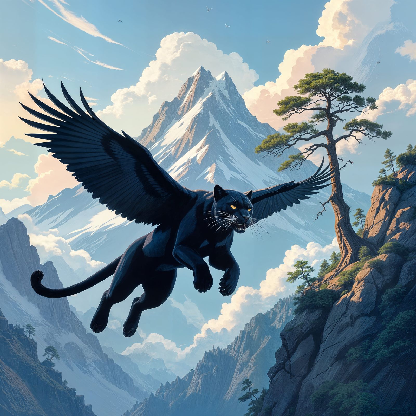 Black Panther Flying Over Mountain Landscape