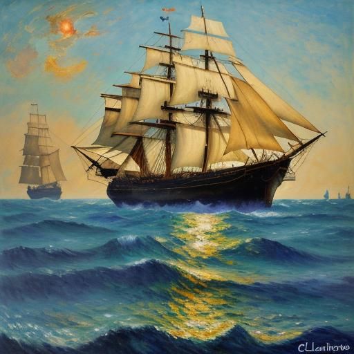 Barque Ship at Sea in Impressionist Style