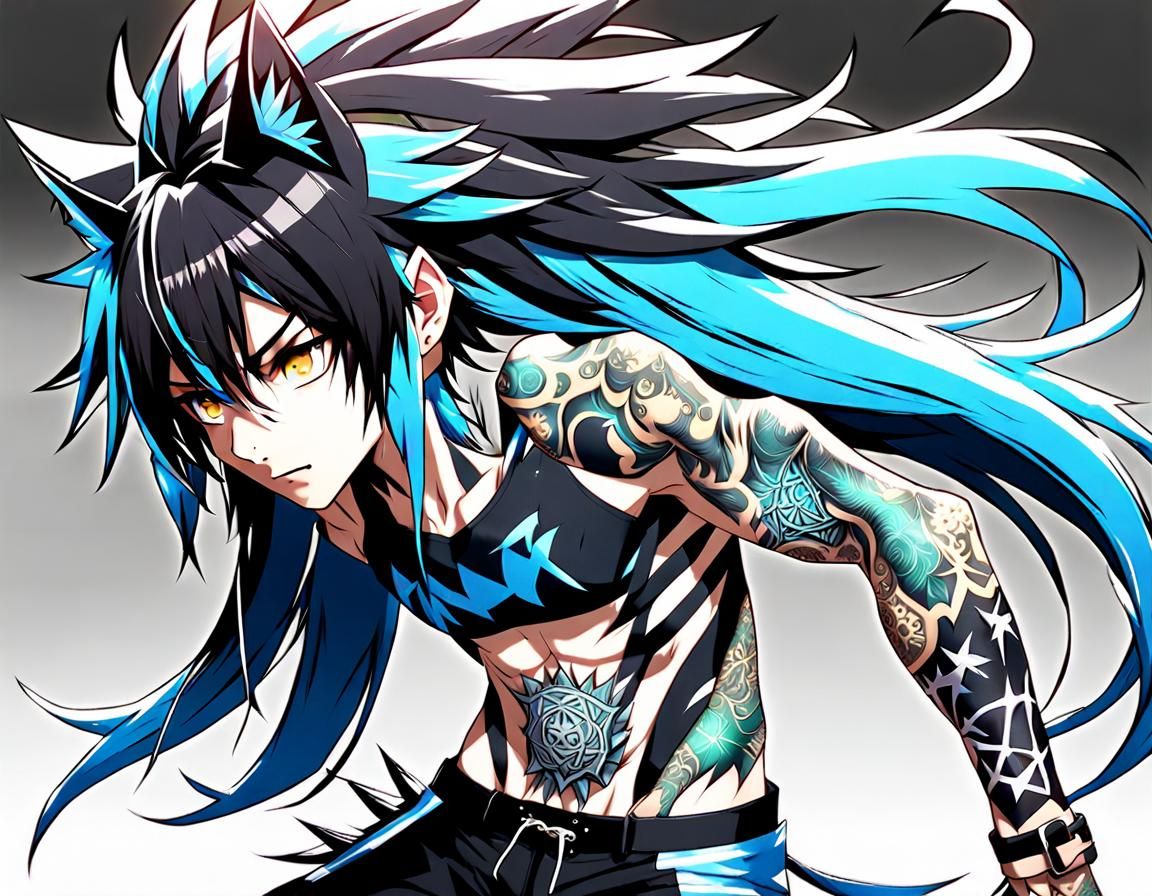 Emo Neko Boy with Tattoos in Anime Style