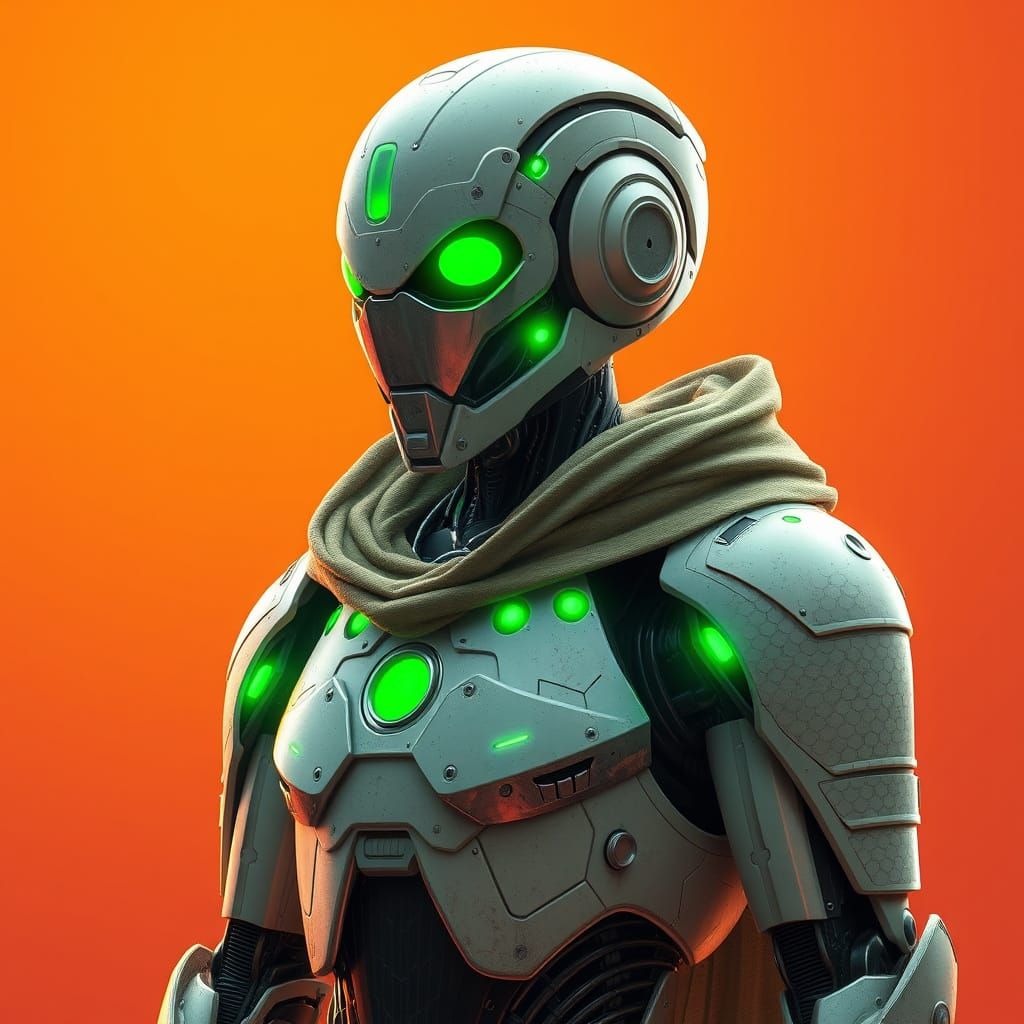 Cyberpunk Warrior Robot on Vibrant Orange Background