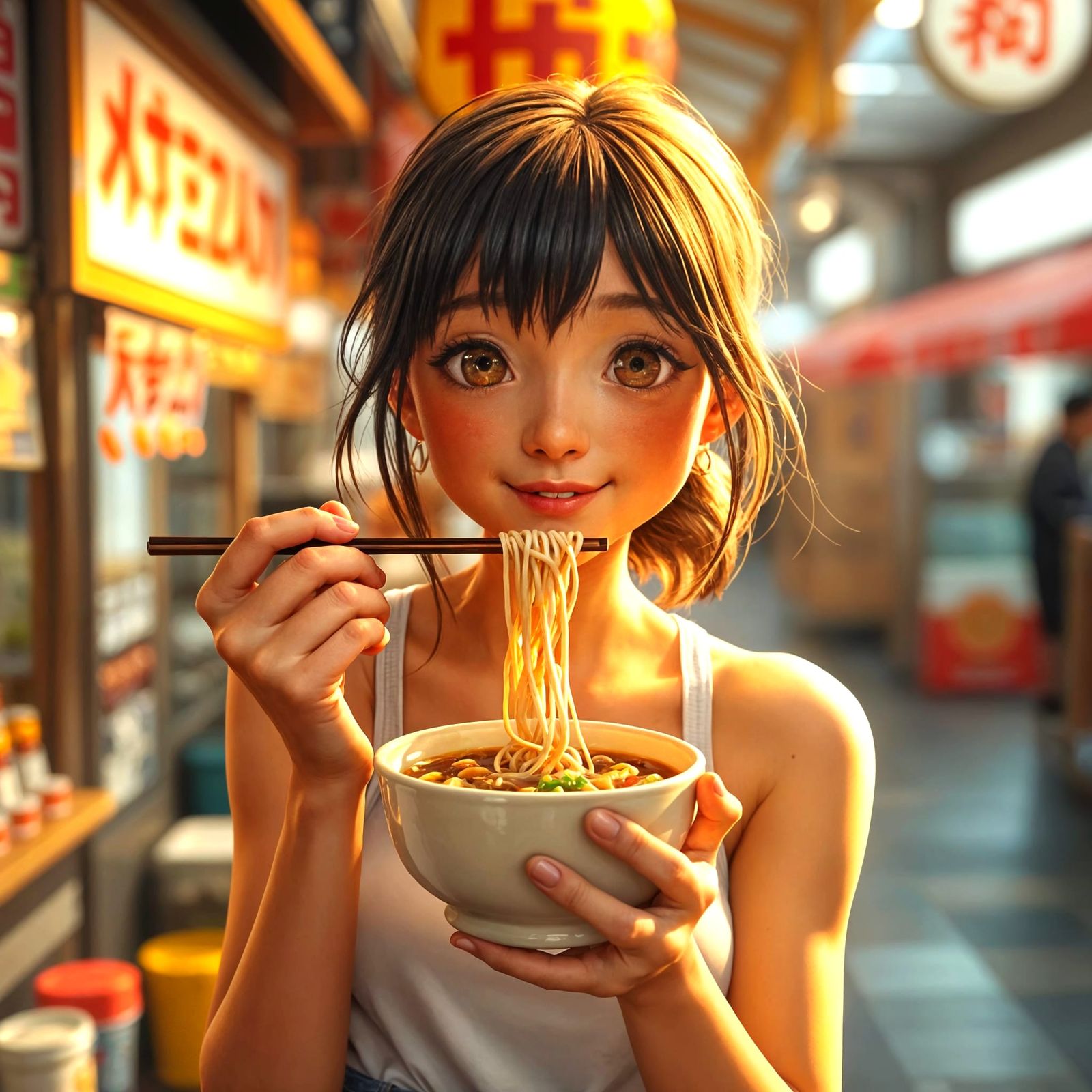 Girl Eating Ramen Street Food in 8k