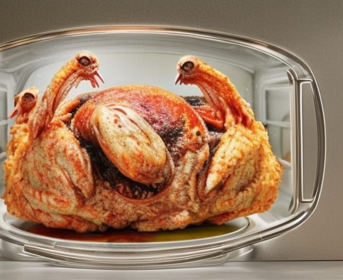 mutating food visible in microwave oven with clear glass door, mutating the food, three screaming heads, several legs, t...