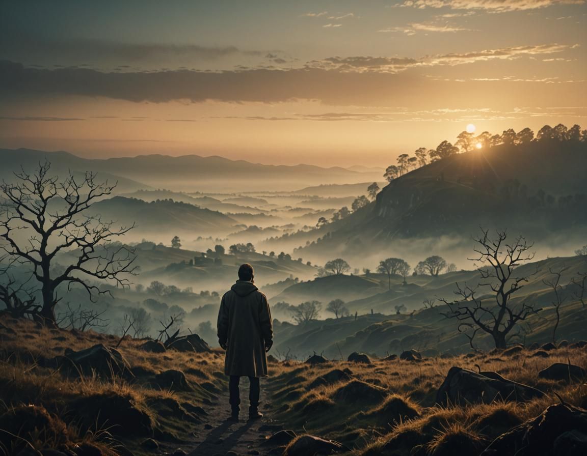 Mystical Landscape with Figure in Cinematic Film Still