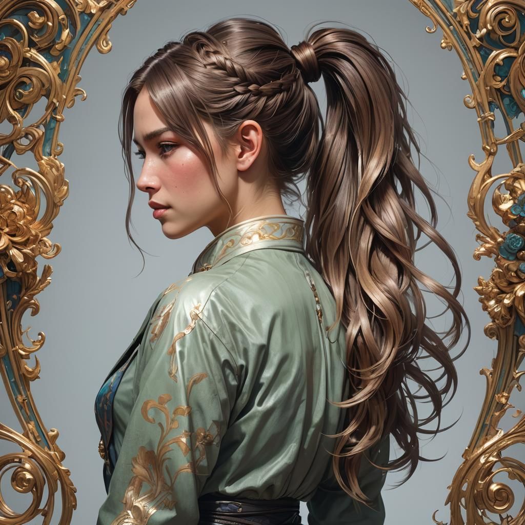Detailed Portrait of Woman Pulling Ponytail