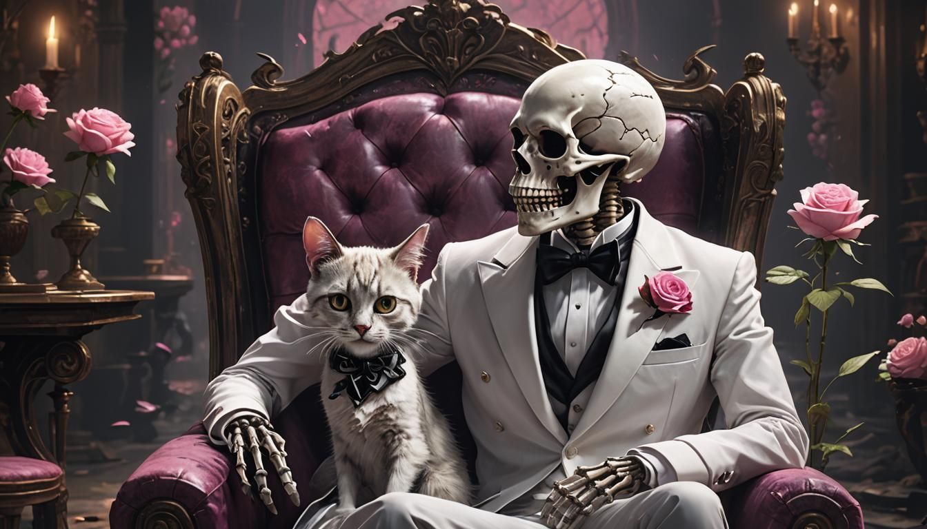 Adorable Skeleton Man Petting Cat: Dark Fantasy Concept Art