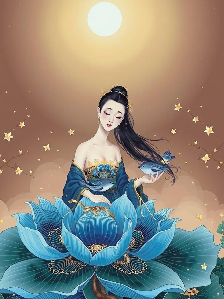 Girl, Lotus Flower, and a Bird