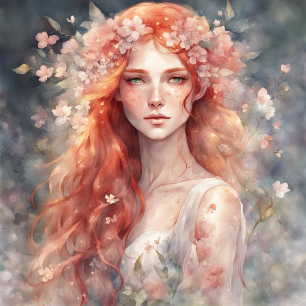 Transparent Elf with Red Hair in Flower Dress