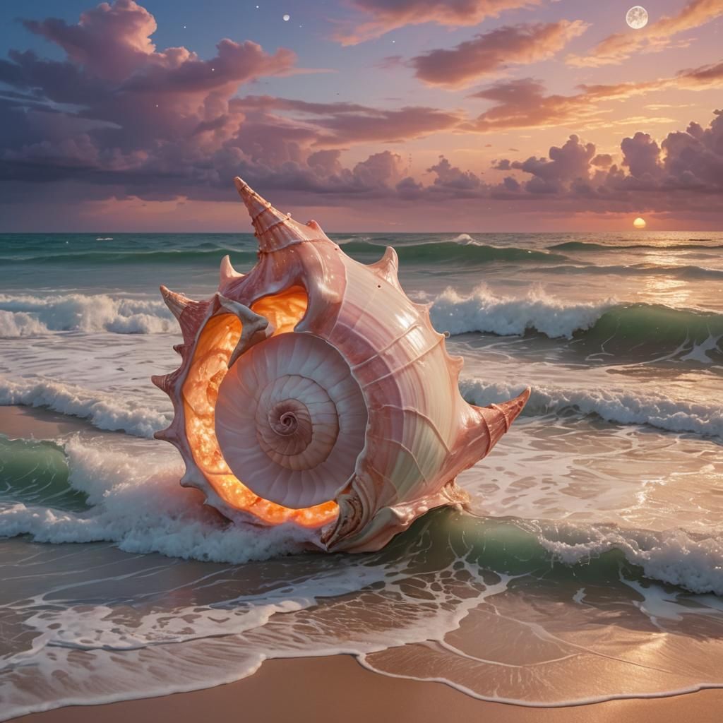 Dreamlike Seashell Landscape with Surfer, Digital Art