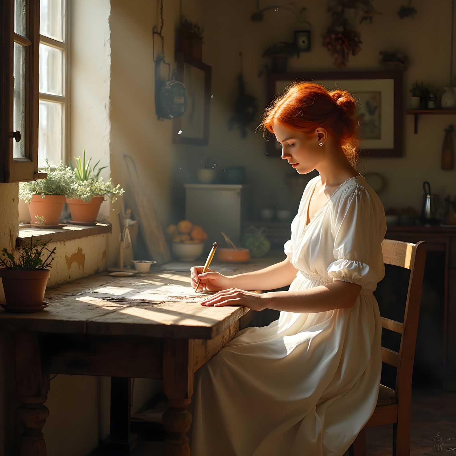 Red-Haired Woman in Sunlit Tuscan Kitchen