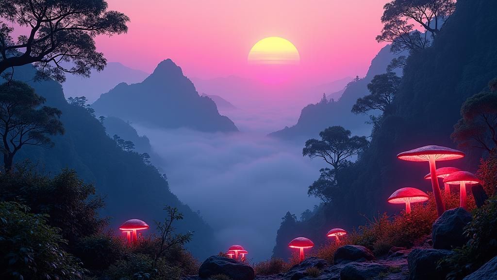 Neon Cyberpunk Meets Nature in Misty Mountain Rainforest