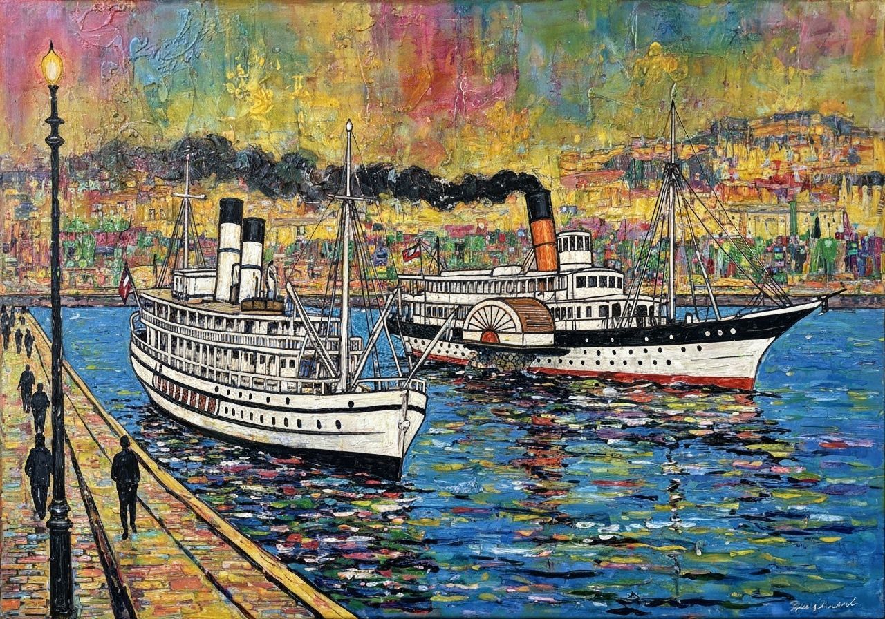 Encaustic Painting of Steamboats in Vibrant Harbour