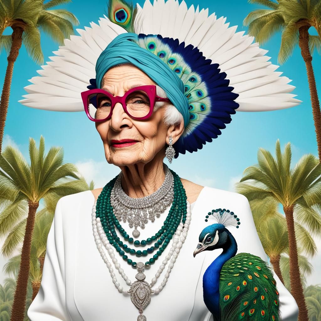 Iris Apfel in Beaded Indian Dress with Peacock