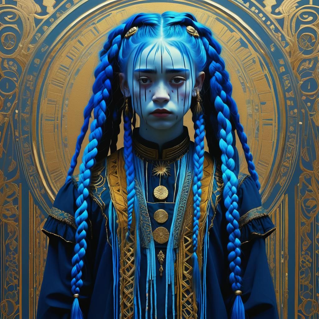 Sad Girl with Blue Braids in Dark Fantasy Style