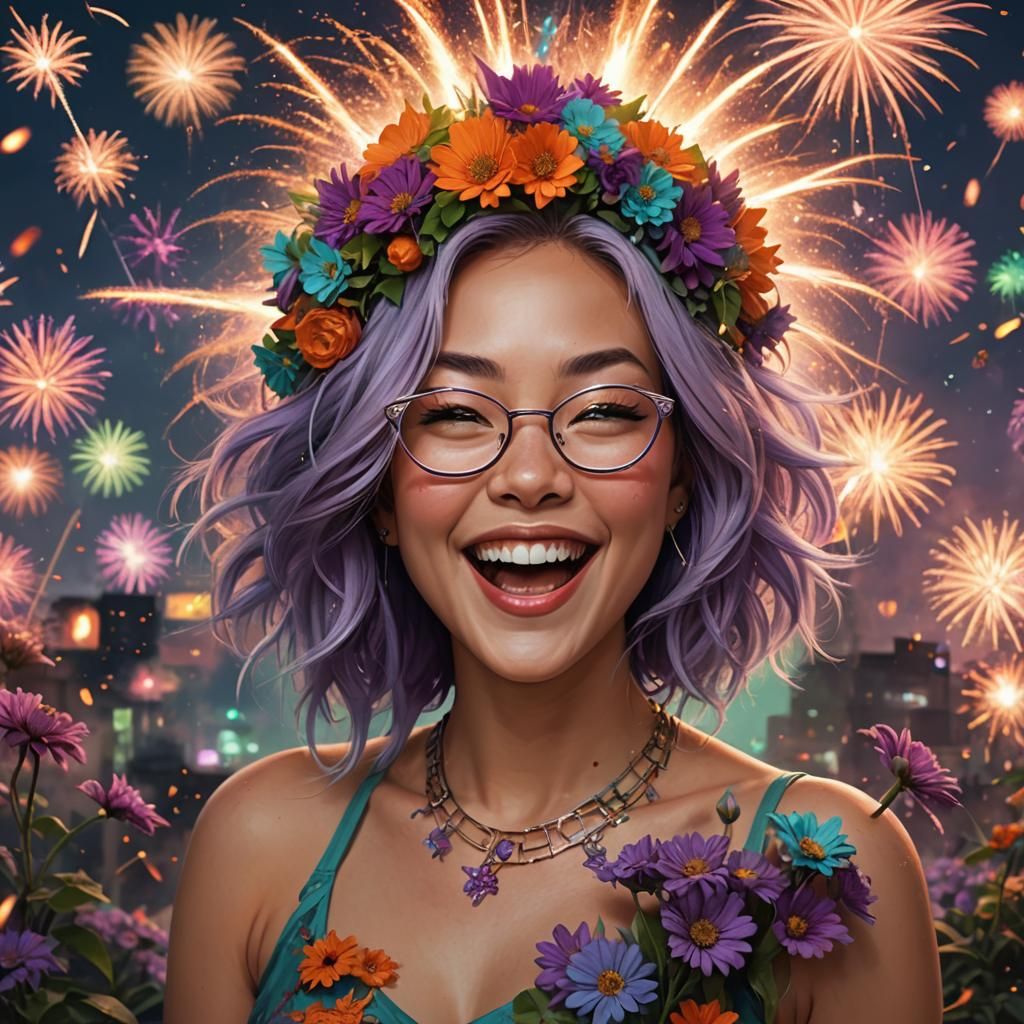 Laughing Asian Woman with Flowers and Fireworks
