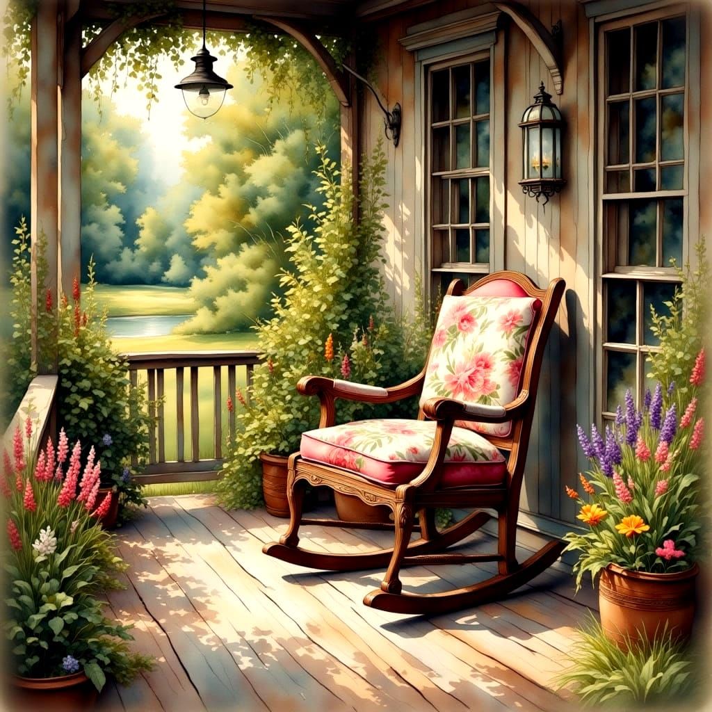 Rustic Rocking Chair on Cottage Porch in Watercolor Style