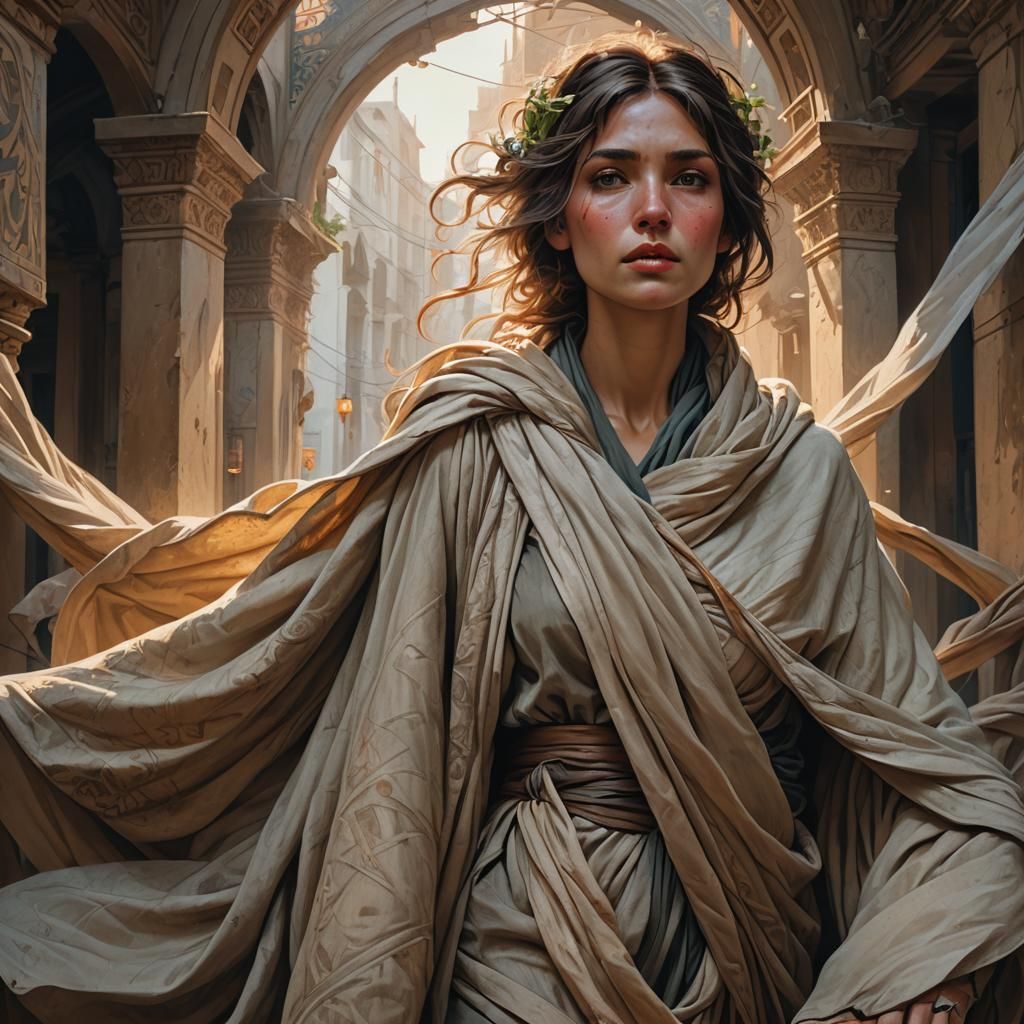 Photorealistic Woman Wrapped in Cloth, Detailed Background